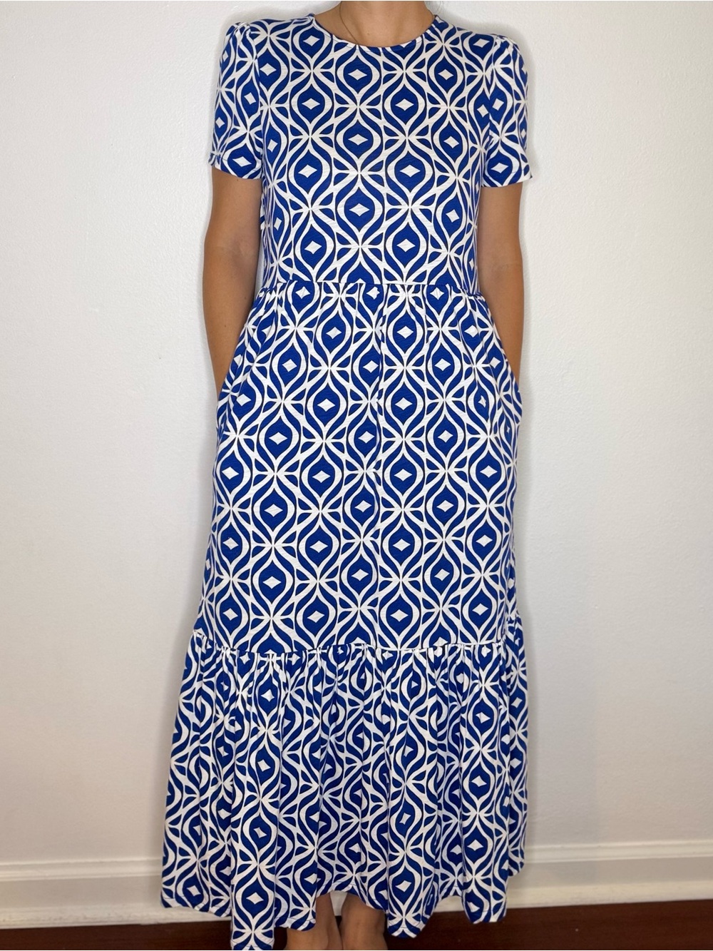 Boden Blue and White Geometric Maxi Dress